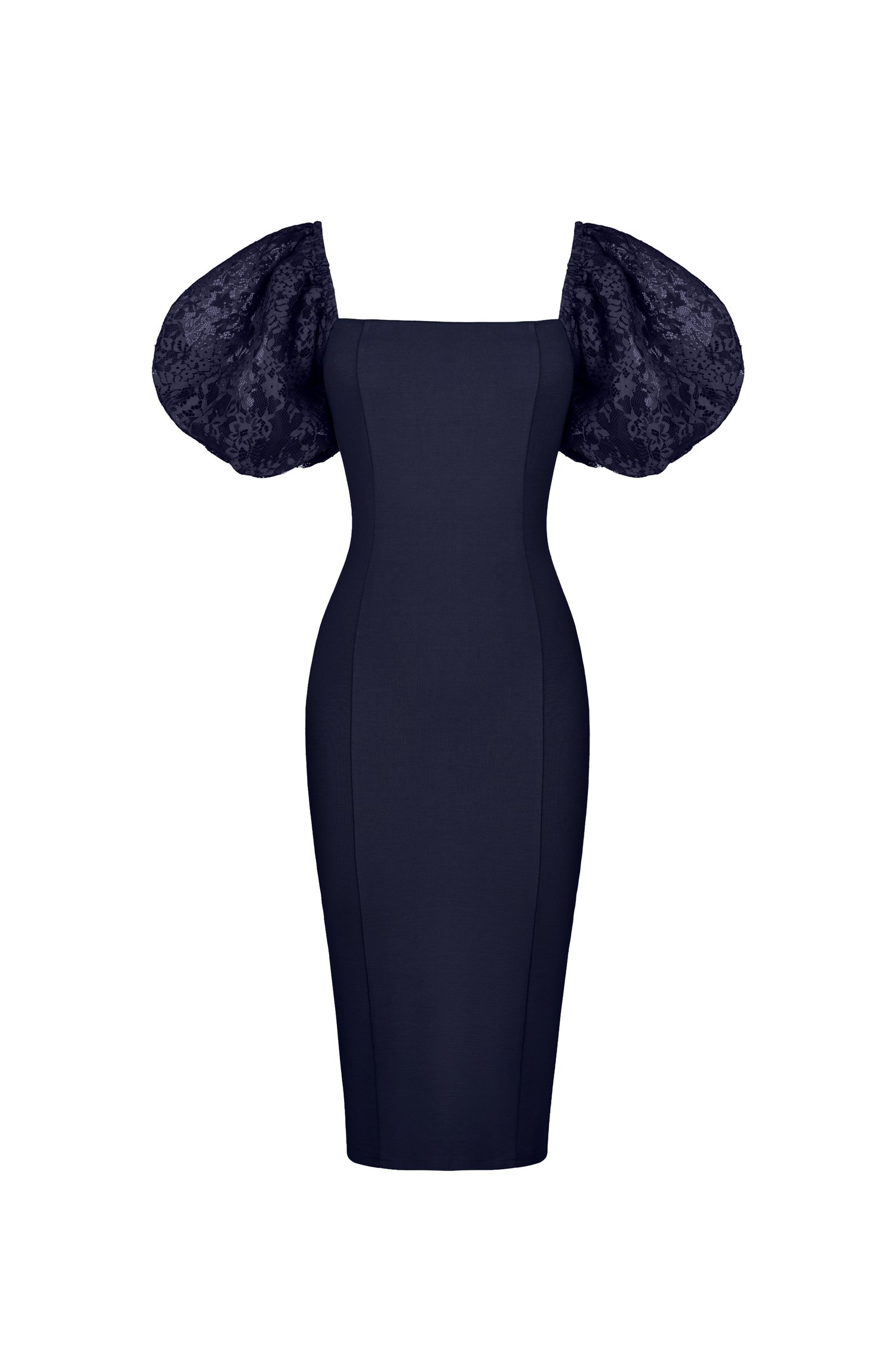 Arrietty Lace Puff Sleeves Ponte Pencil Dress in Navy Blue