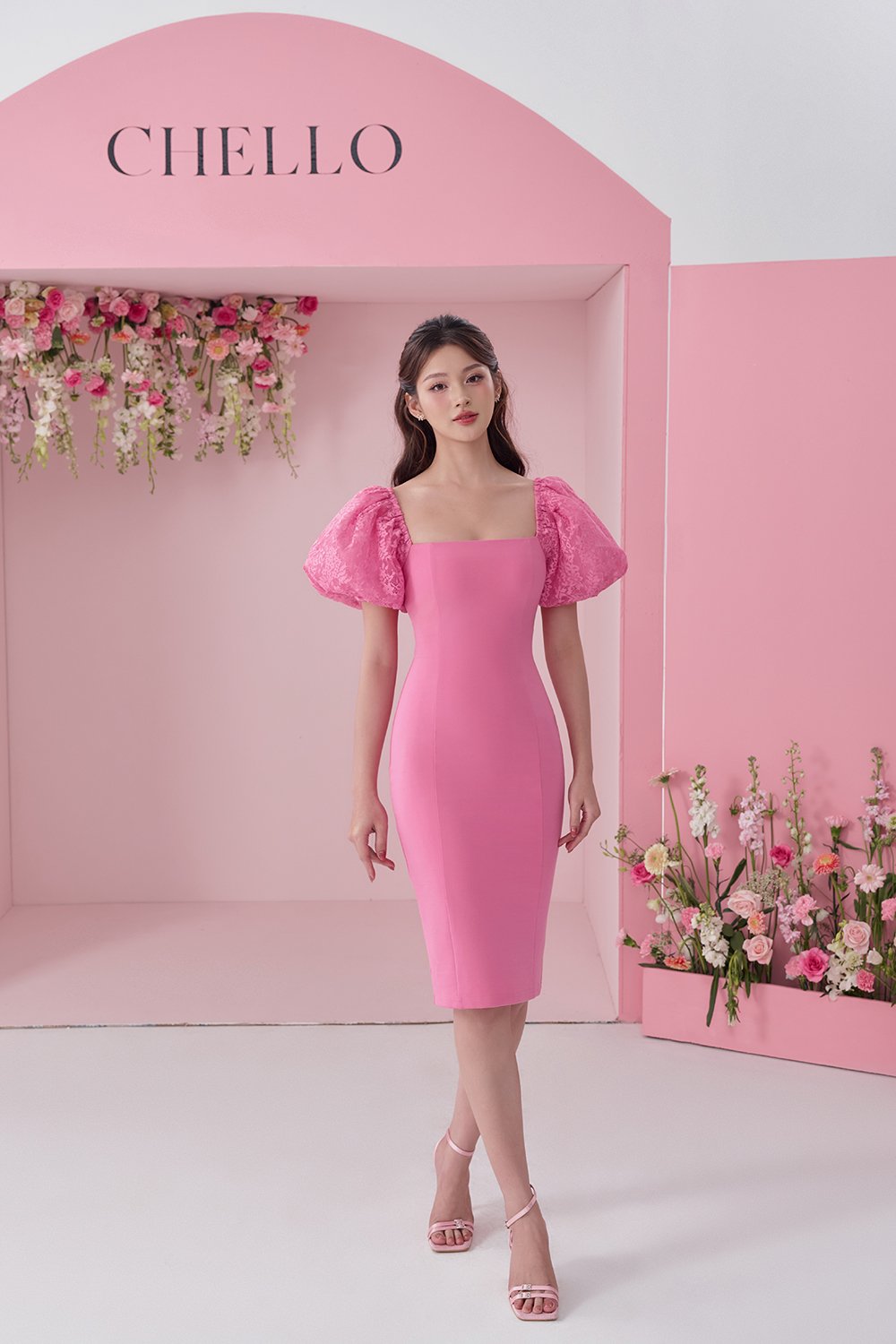 Arrietty Lace Puff Sleeves Ponte Pencil Dress in Taffy Pink