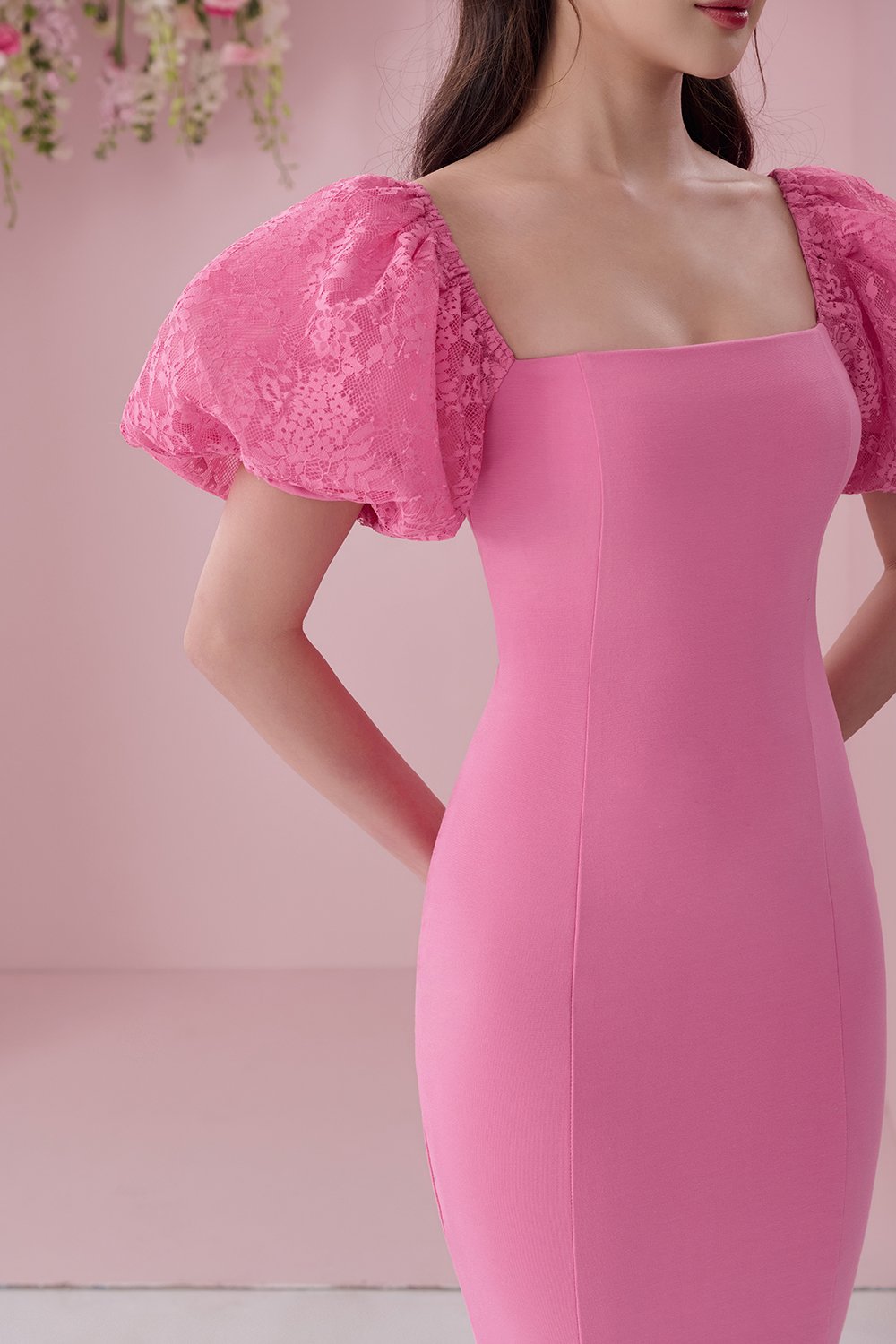 Arrietty Lace Puff Sleeves Ponte Pencil Dress in Taffy Pink