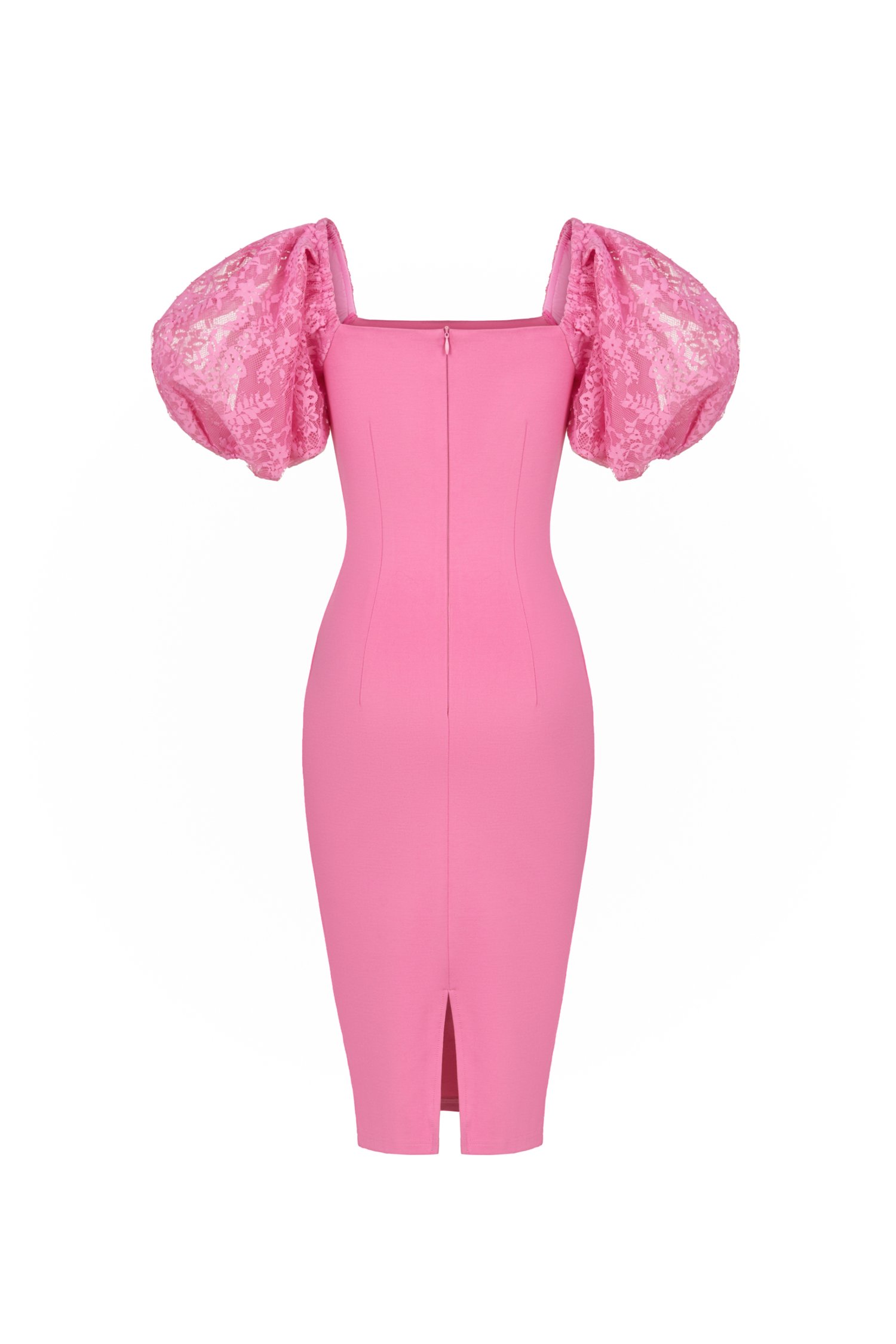 Arrietty Lace Puff Sleeves Ponte Pencil Dress in Taffy Pink