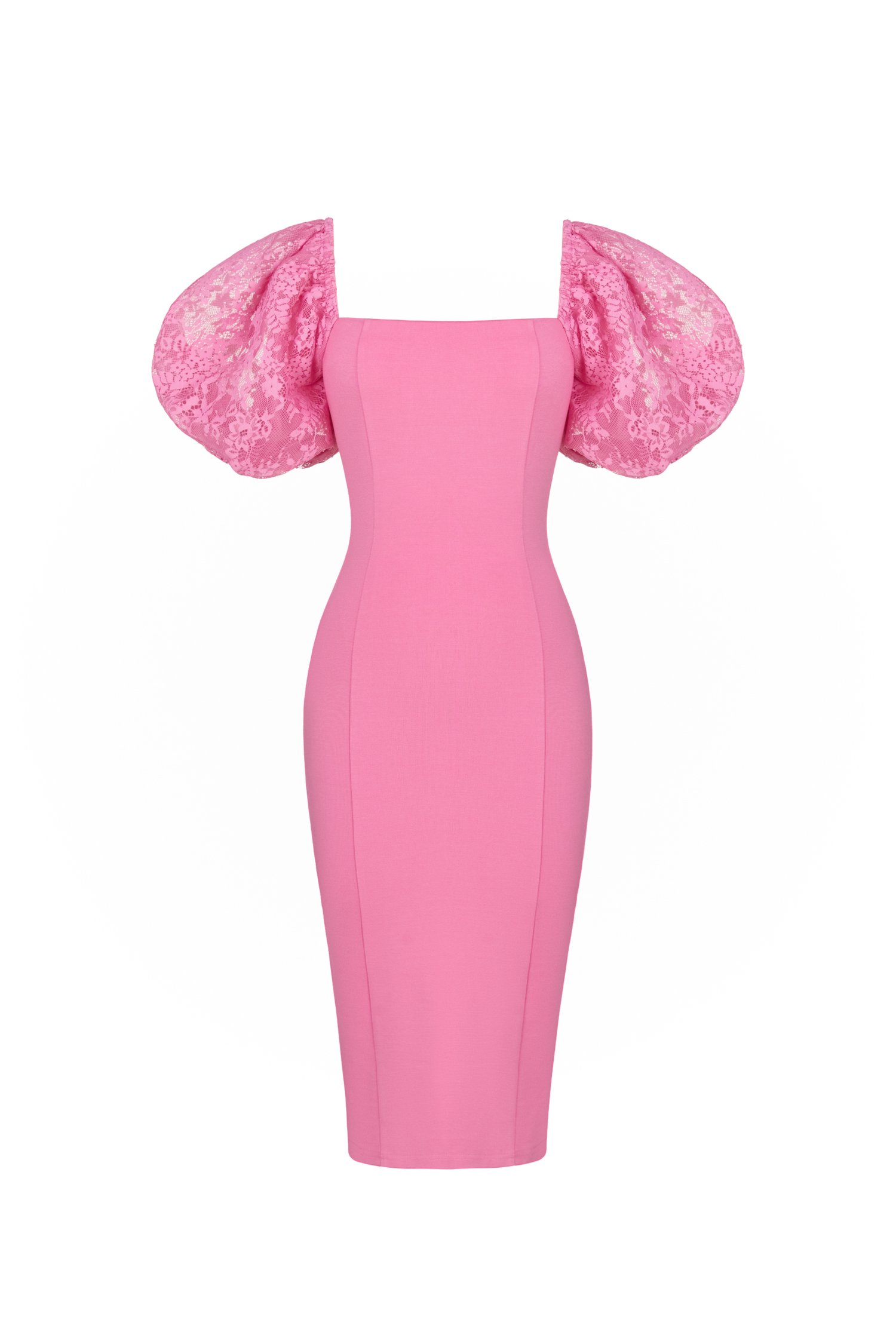 Arrietty Lace Puff Sleeves Ponte Pencil Dress in Taffy Pink
