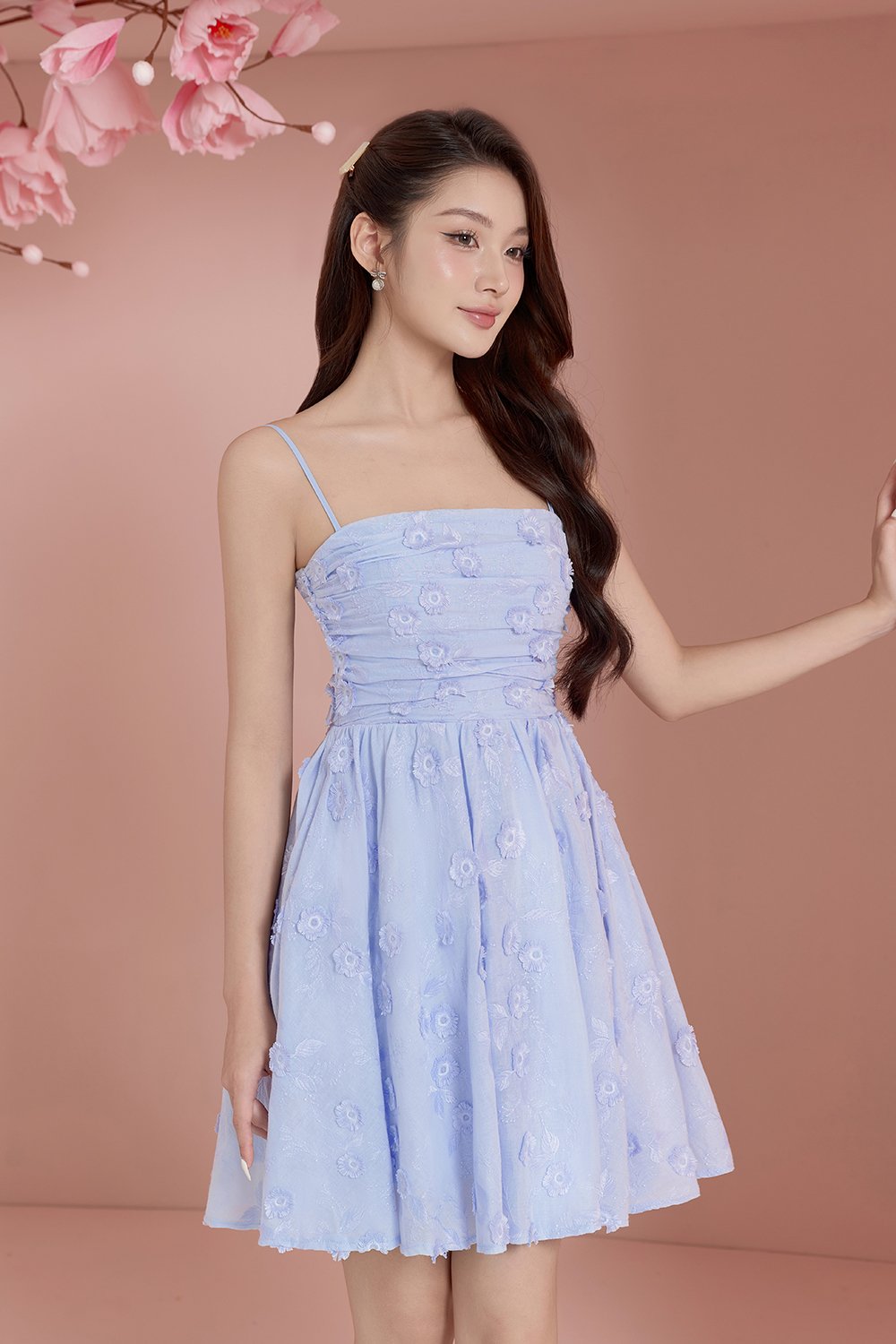 Blossom Ruched Flare Mini Dress in Baby Blue