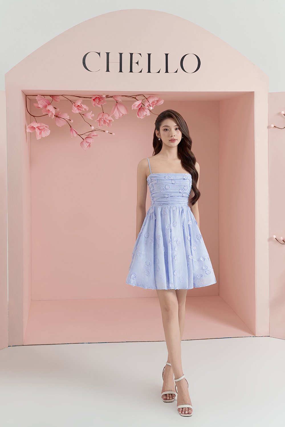 Blossom Ruched Flare Mini Dress in Baby Blue