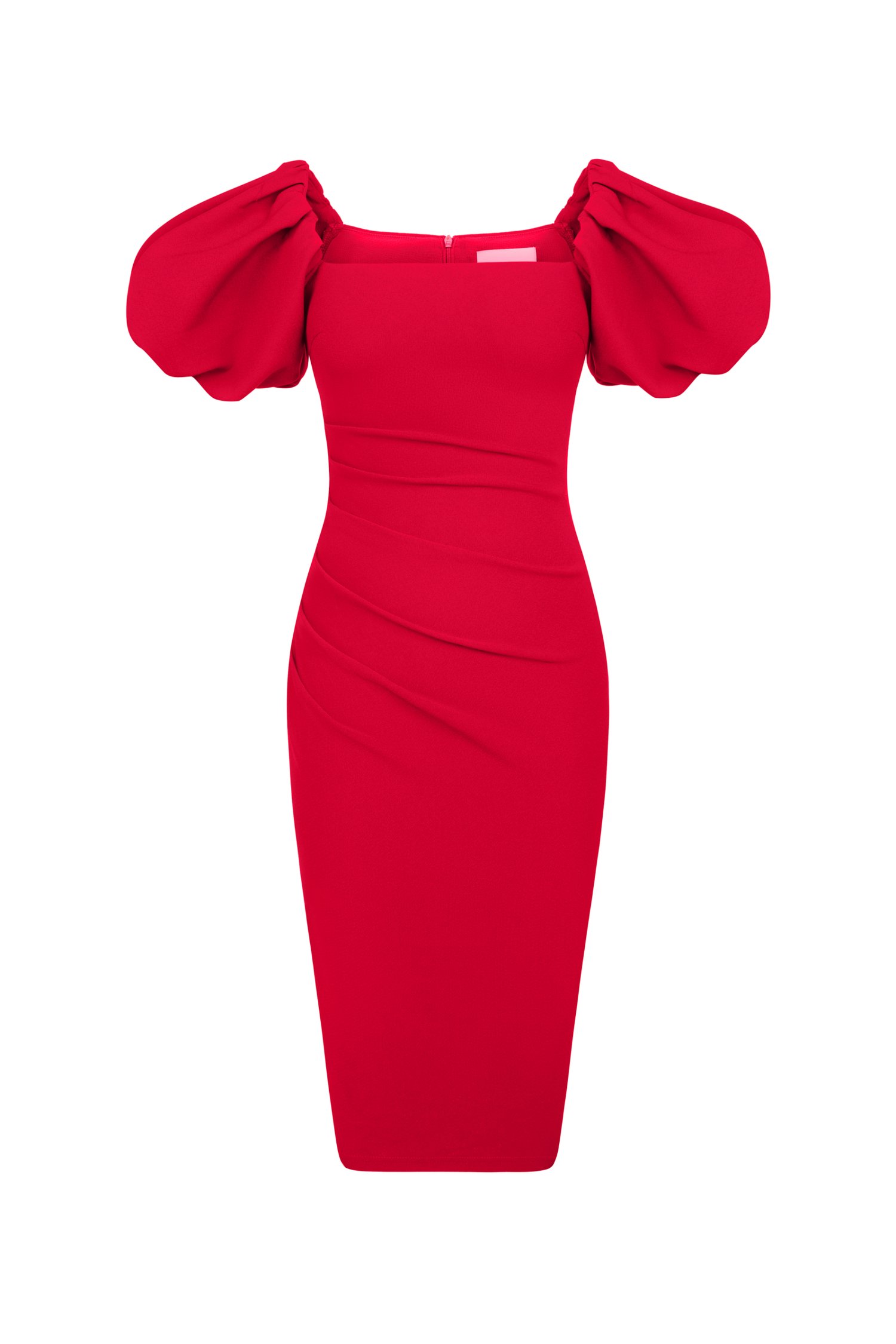 Calista Padded Puffy Sleeves Ruched Midi Dress in True Red