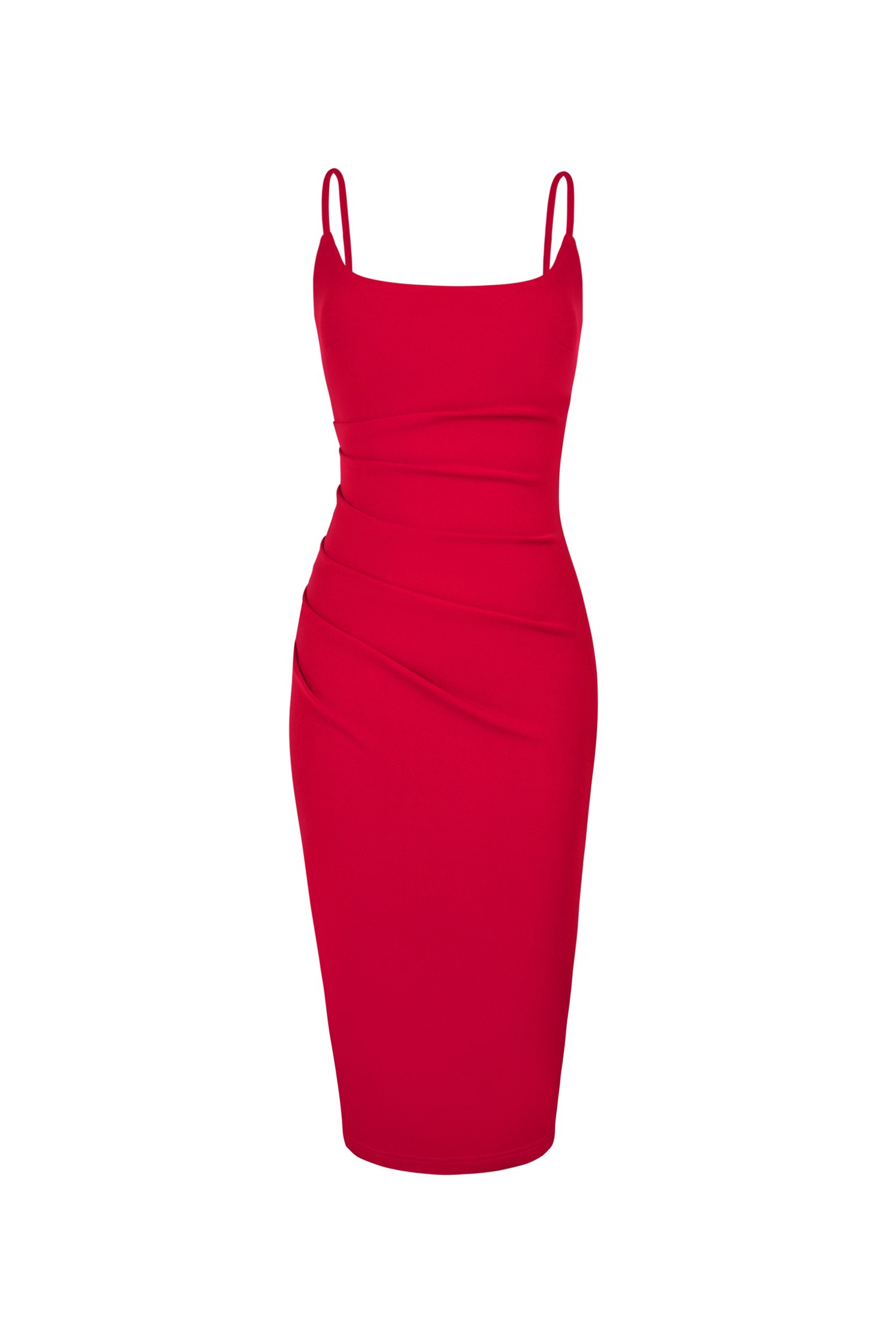 Clea Spaghetti Padded Ruched Knee Length Dress in True Red