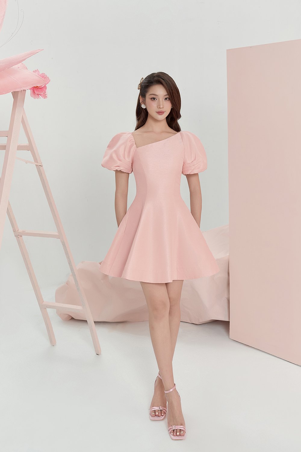 Cleo Asymmetrical Flare Mini Dress in Ballet Pink