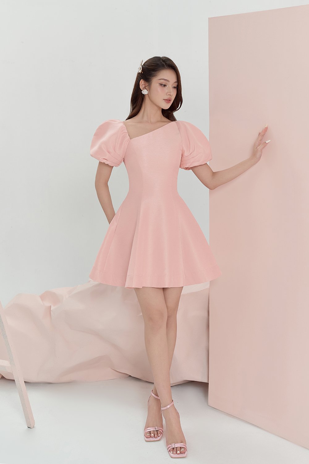 Cleo Asymmetrical Flare Mini Dress in Ballet Pink