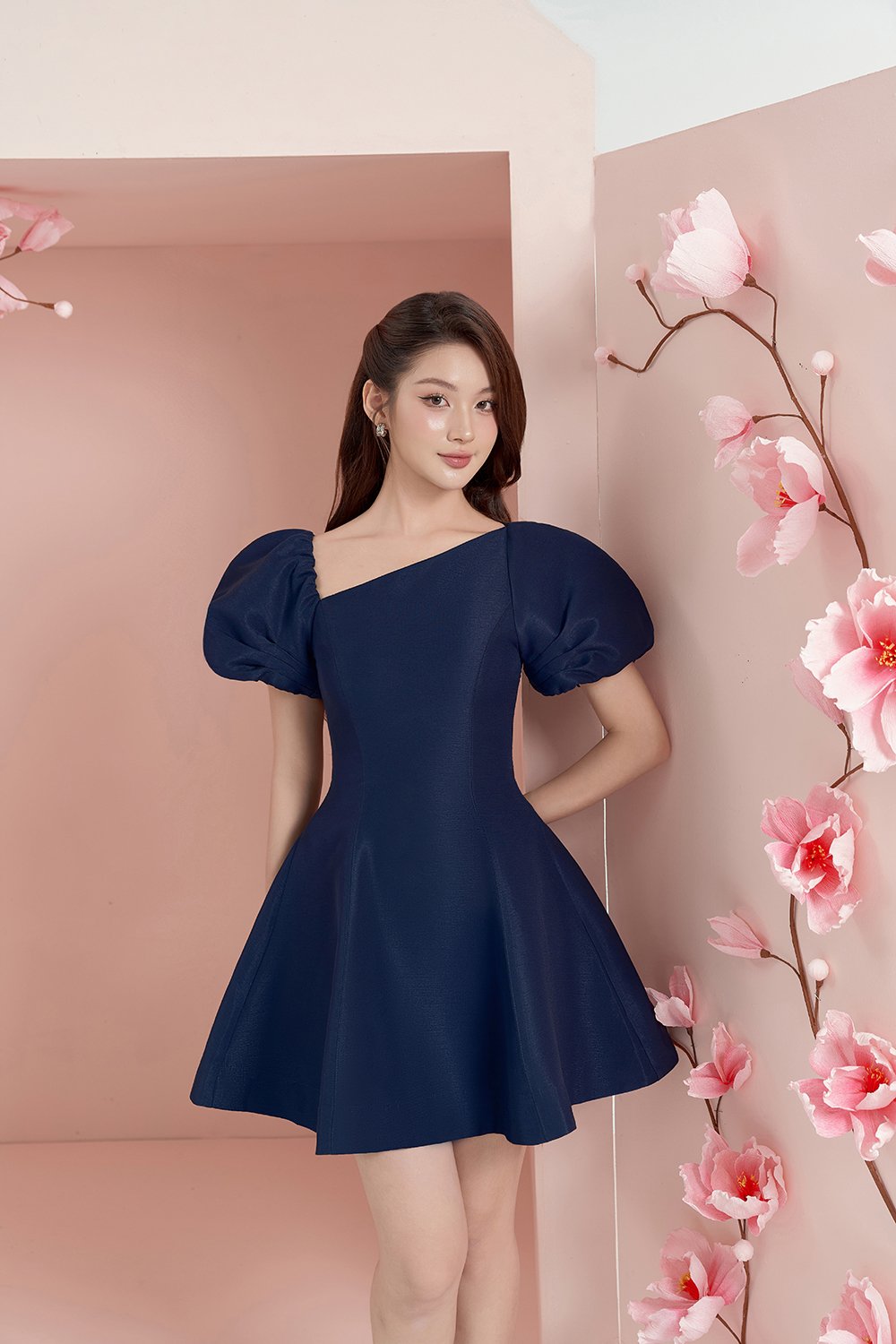 Cleo Asymmetrical Flare Mini Dress in Navy Blue