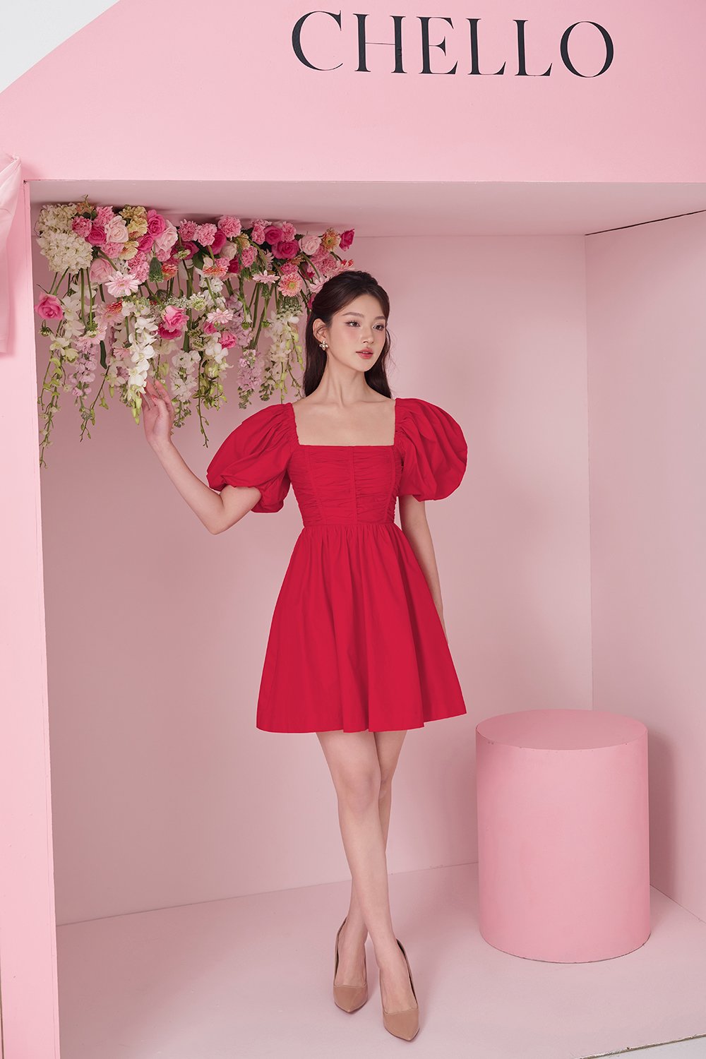 Daphne Ruched Puff Mini Dress in Red