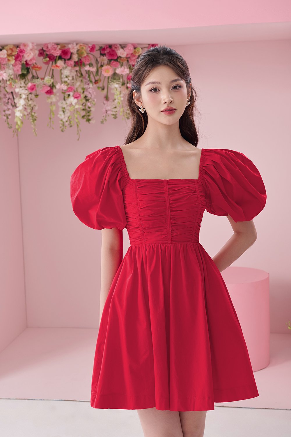 Daphne Ruched Puff Mini Dress in Red