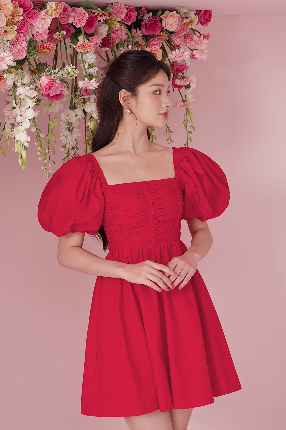 Daphne Ruched Puff Mini Dress in Red