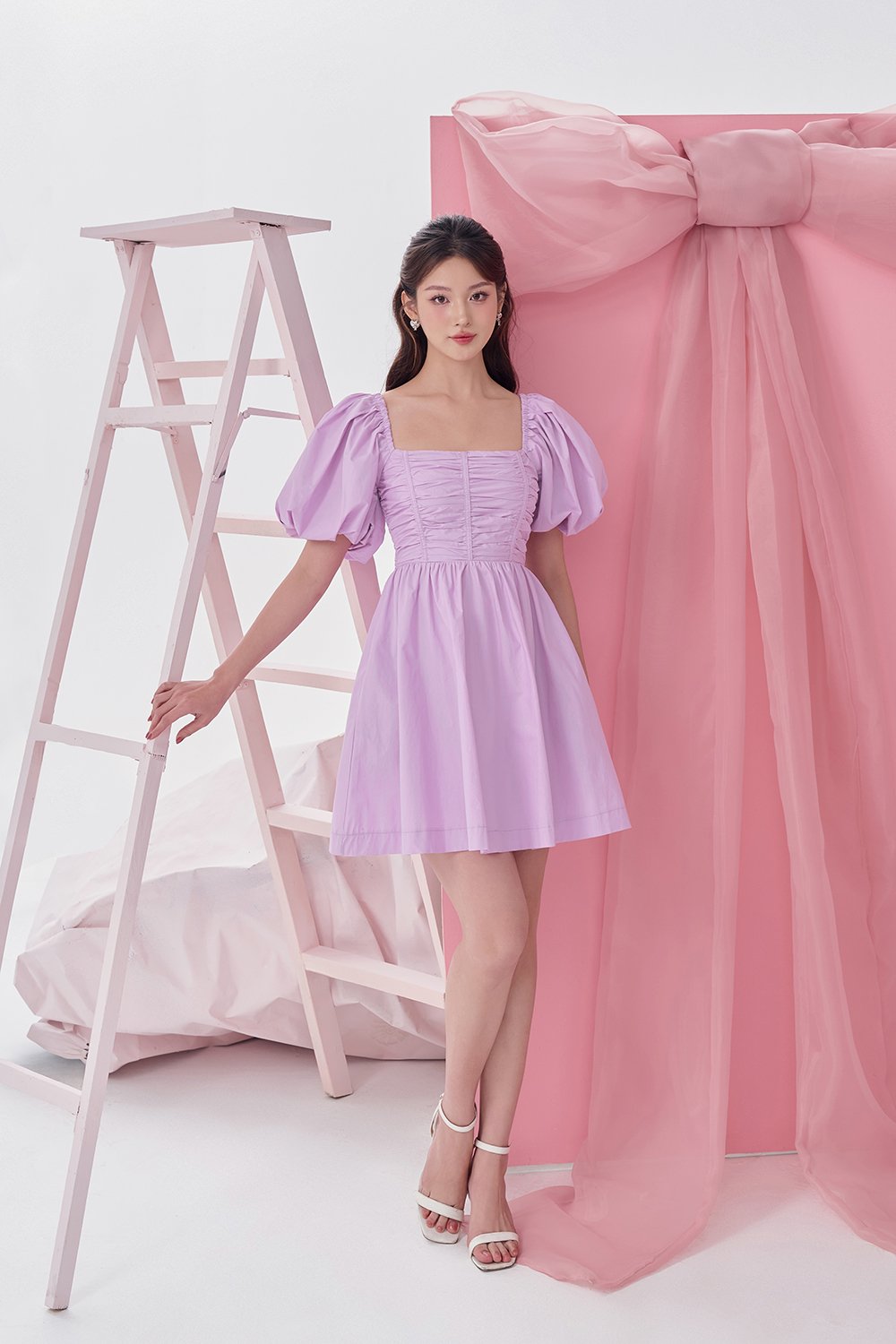 Daphne Ruched Puff Mini Dress in Light Violet