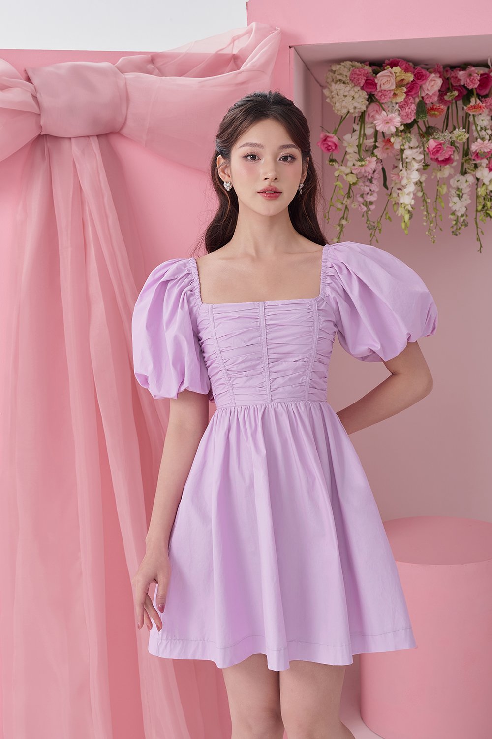 Daphne Ruched Puff Mini Dress in Light Violet