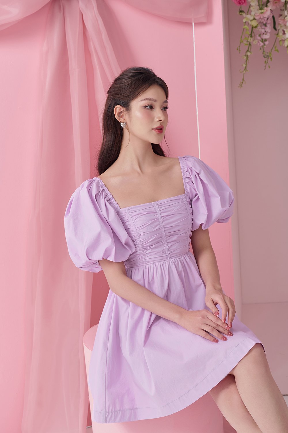 Daphne Ruched Puff Mini Dress in Light Violet