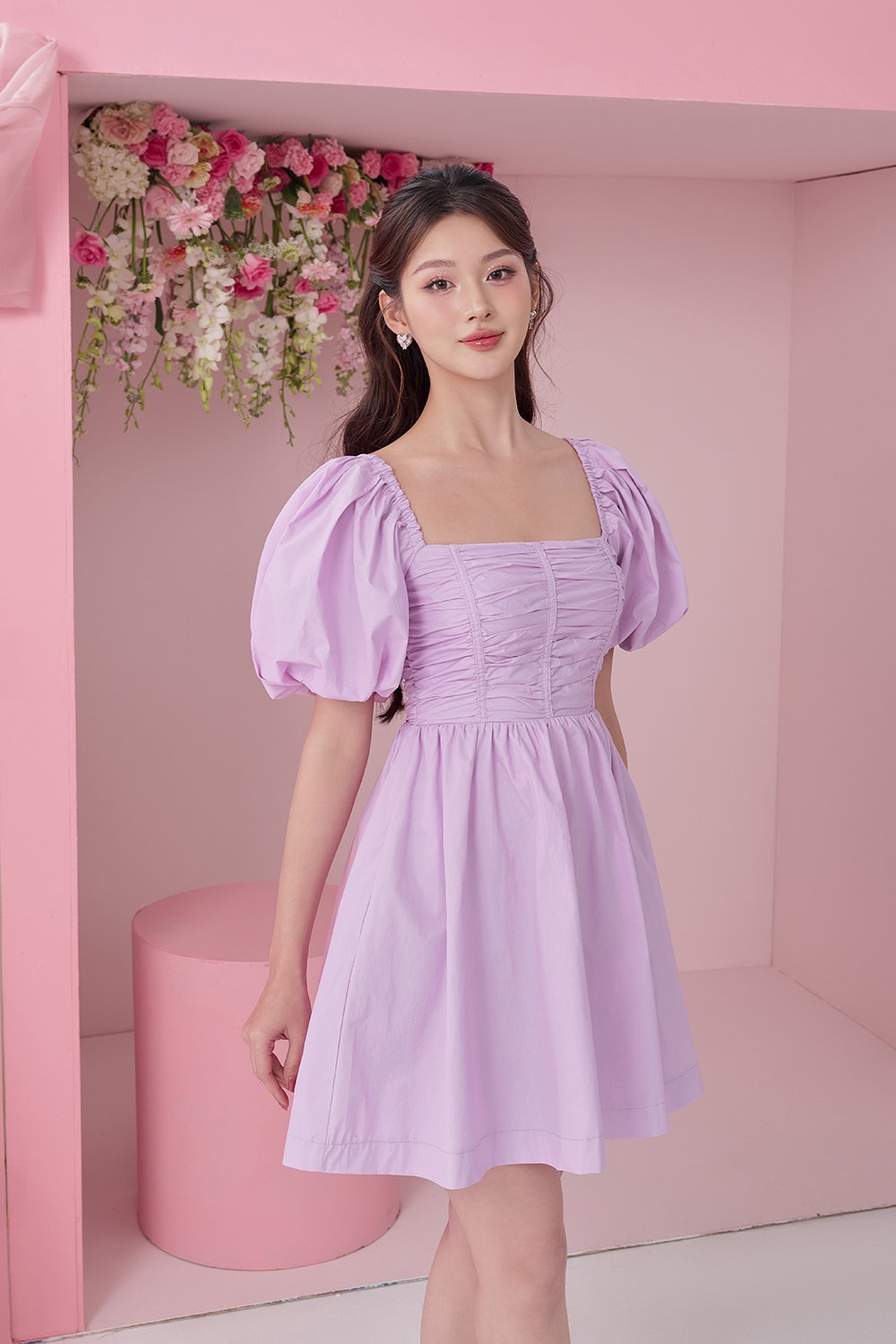 Daphne Ruched Puff Mini Dress in Light Violet