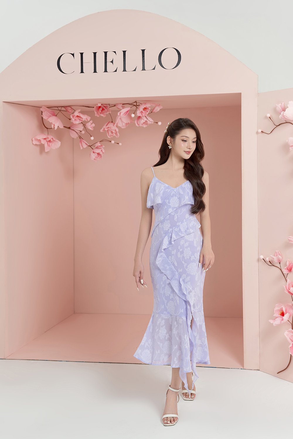 Dovie Frill Slip Midi Dress in Pastel Purple