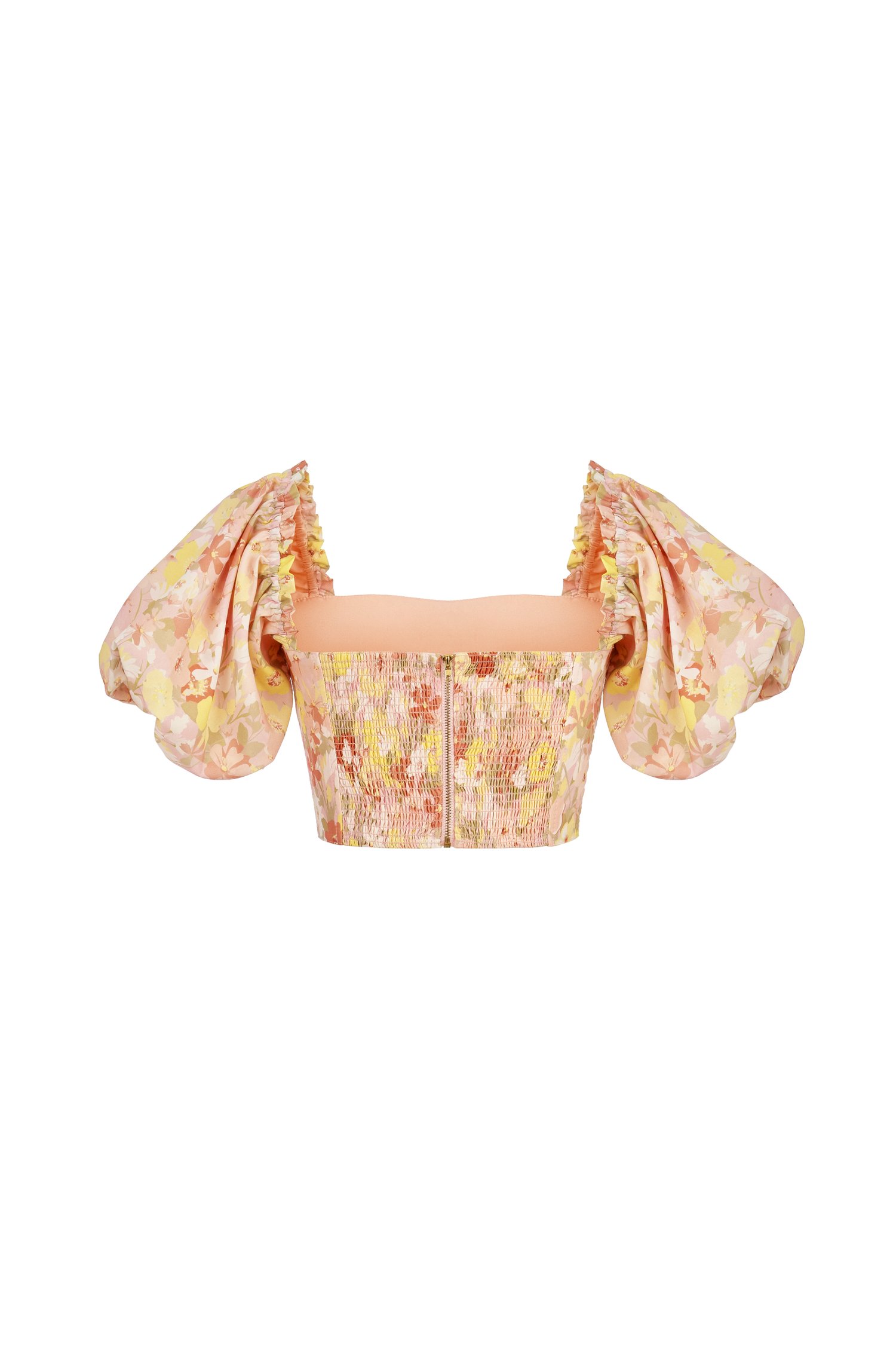 Harlyn Pleated Floral Prints Puff Sleeves Top in Yellow/Pink Floral Prints