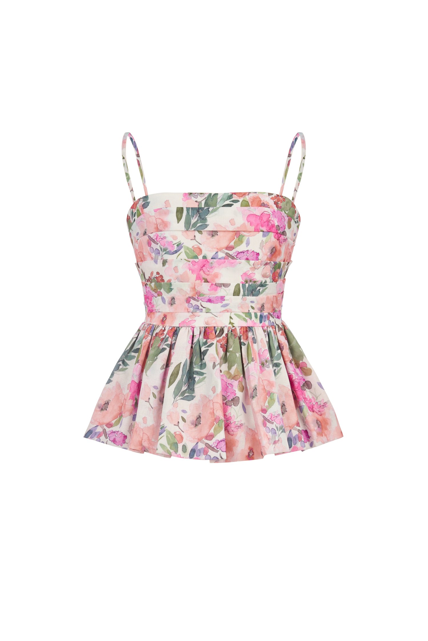 Hebe Pleated Peplum Floral Print Top in Coral/Pink Floral