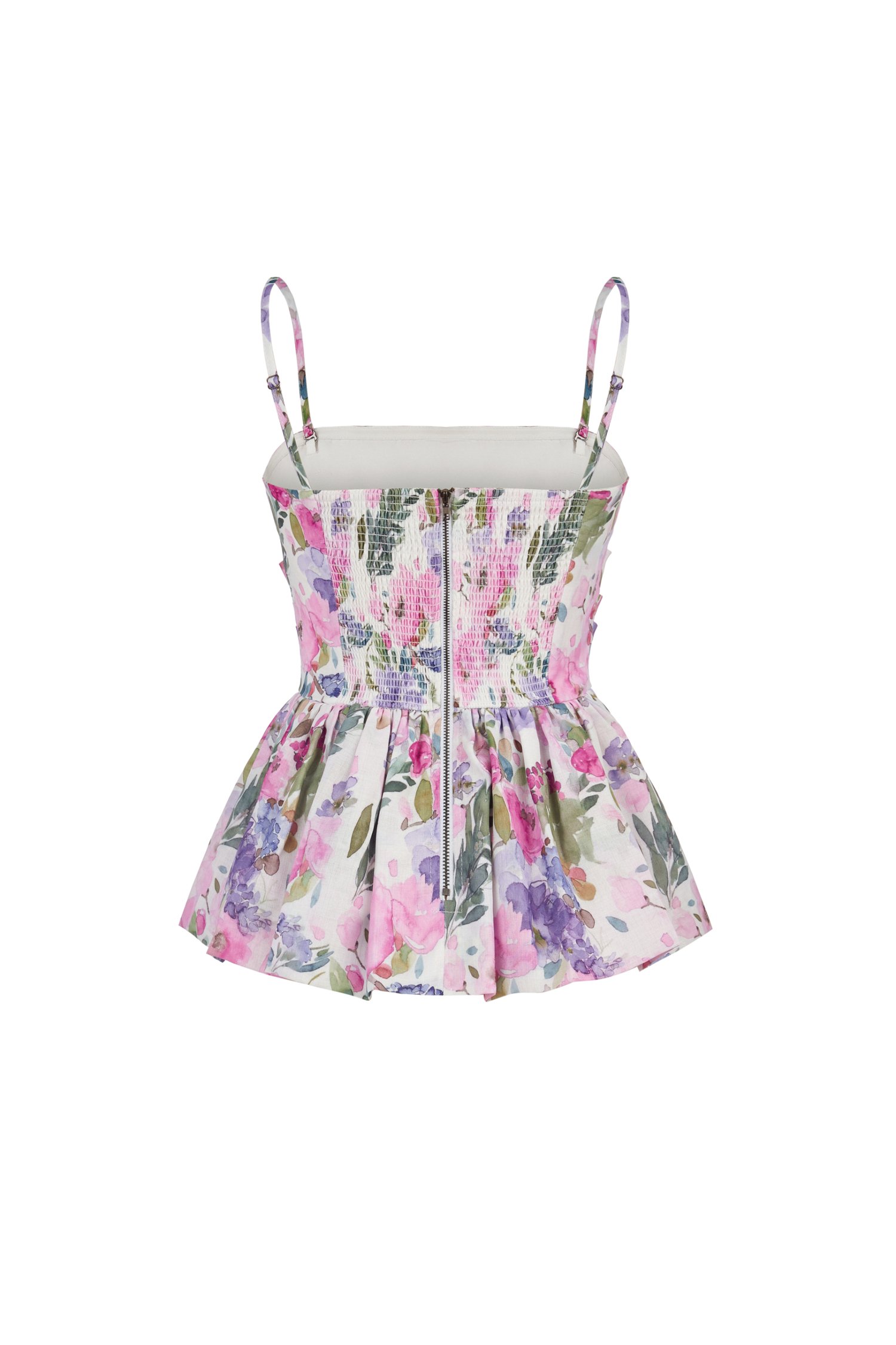 Hebe Pleated Peplum Floral Print Top in Purple/Pink Floral