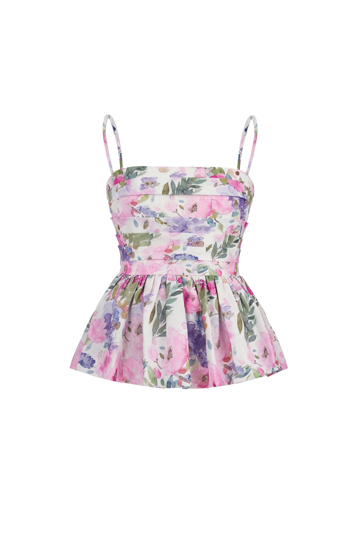 Hebe Pleated Peplum Floral Print Top in Purple/Pink Floral