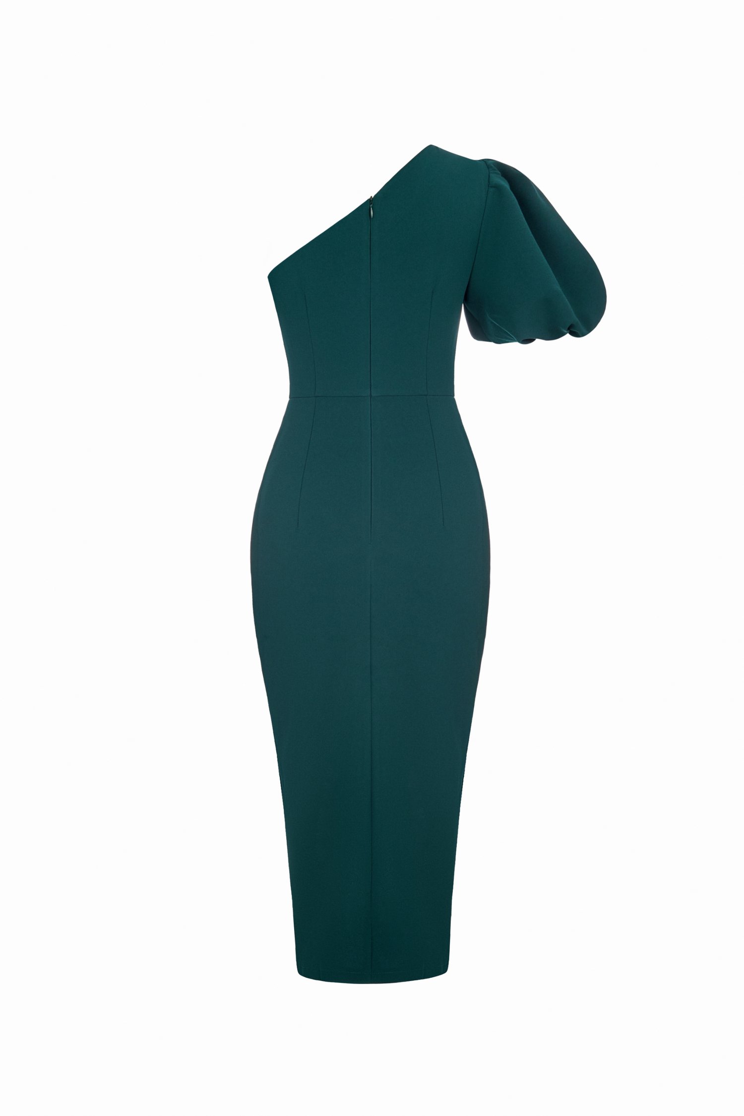 Joslyn Asymmetrical Puff Sleeves Pencil Dress in Emerald Green