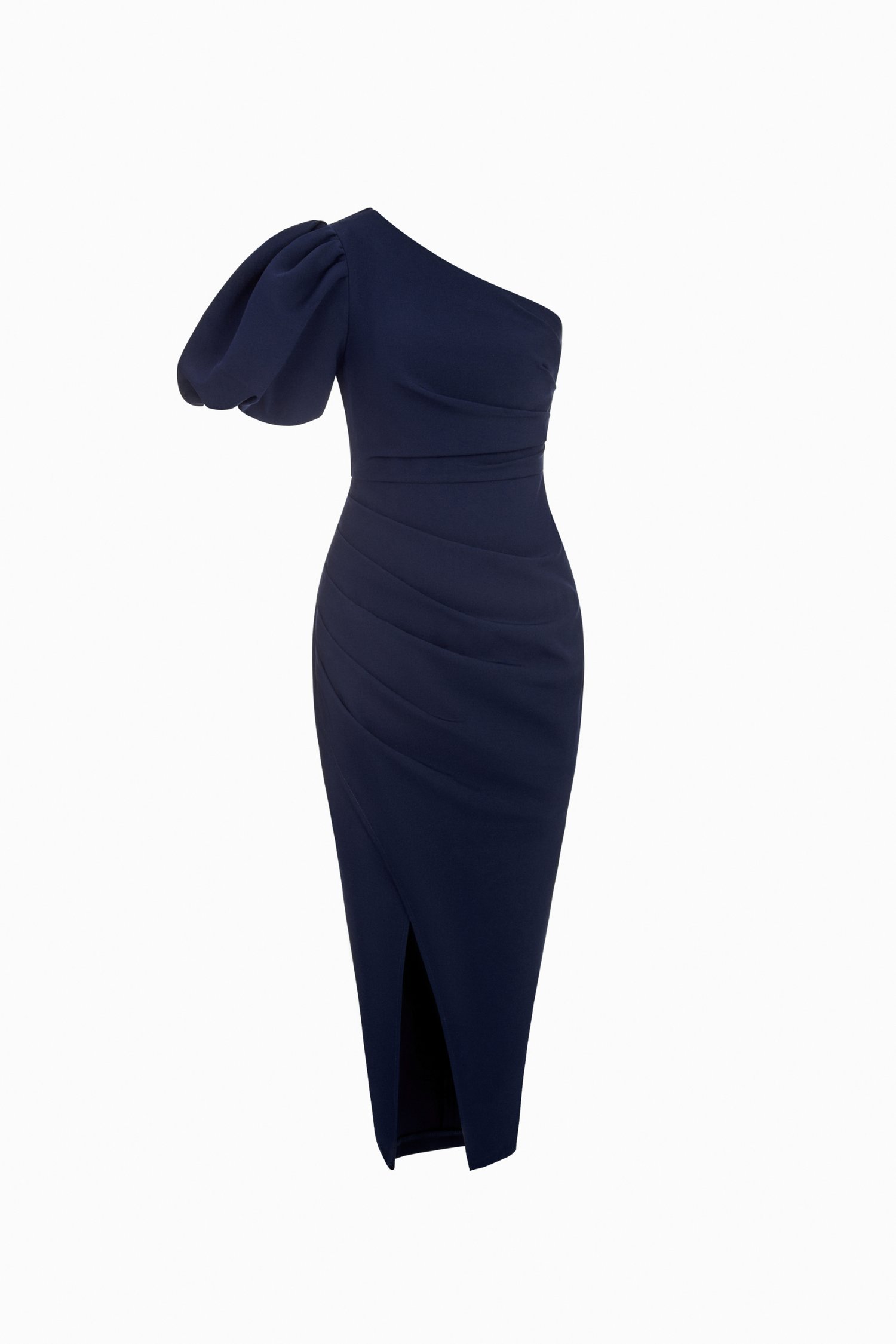 Joslyn Asymmetrical Puff Sleeves Pencil Dress in Navy Blue