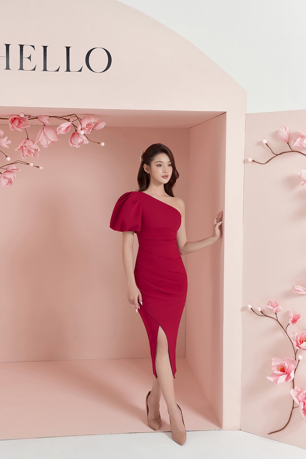 Joslyn Asymmetrical Puff Sleeves Pencil Dress in Ruby Red