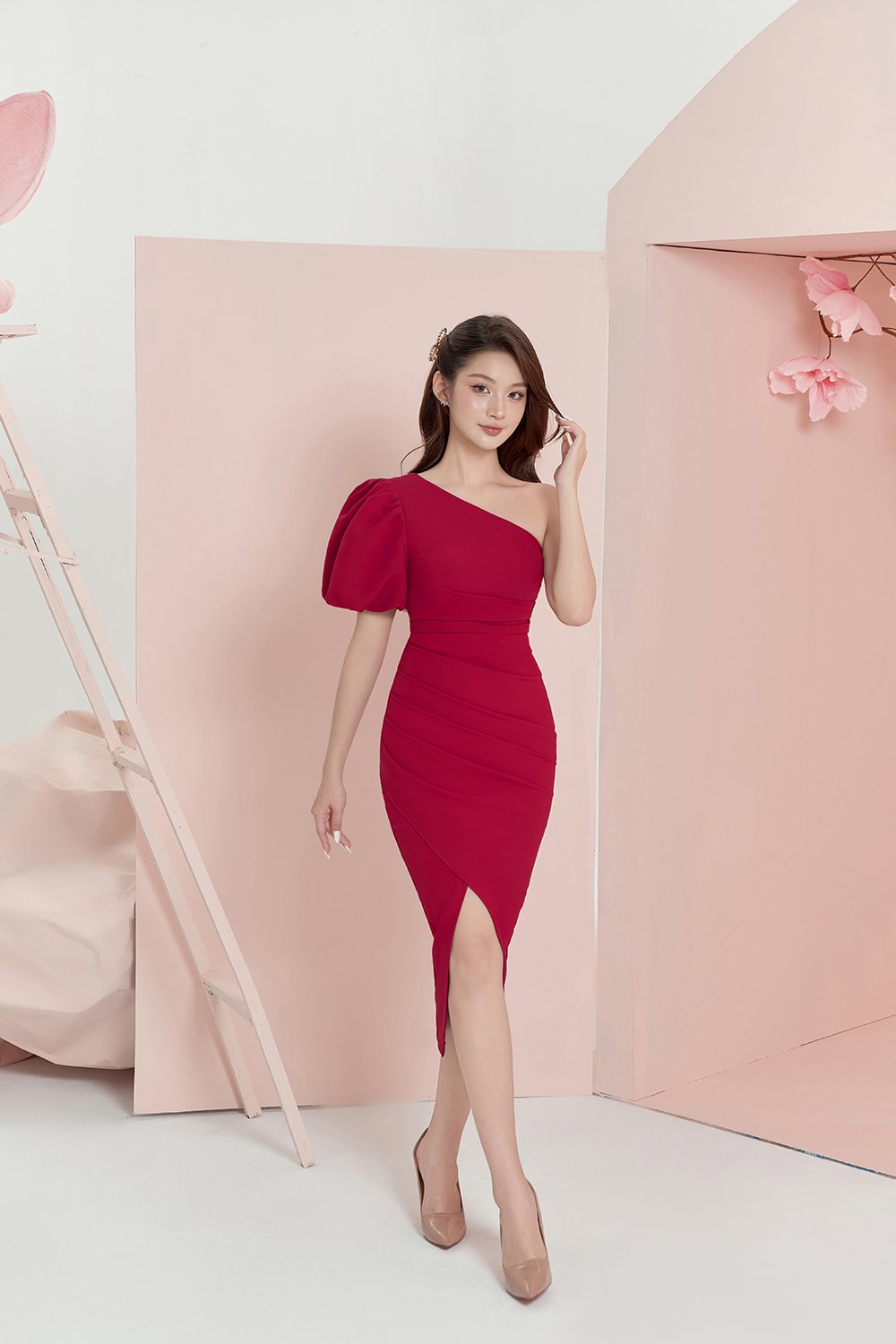 Joslyn Asymmetrical Puff Sleeves Pencil Dress in Ruby Red