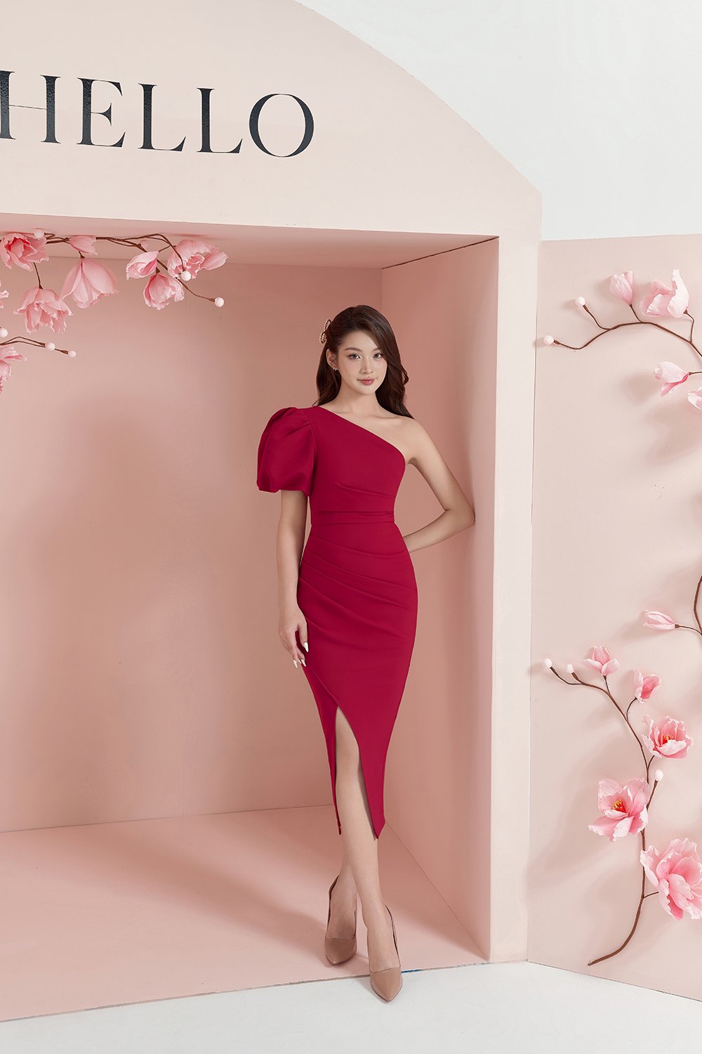 Joslyn Asymmetrical Puff Sleeves Pencil Dress in Ruby Red