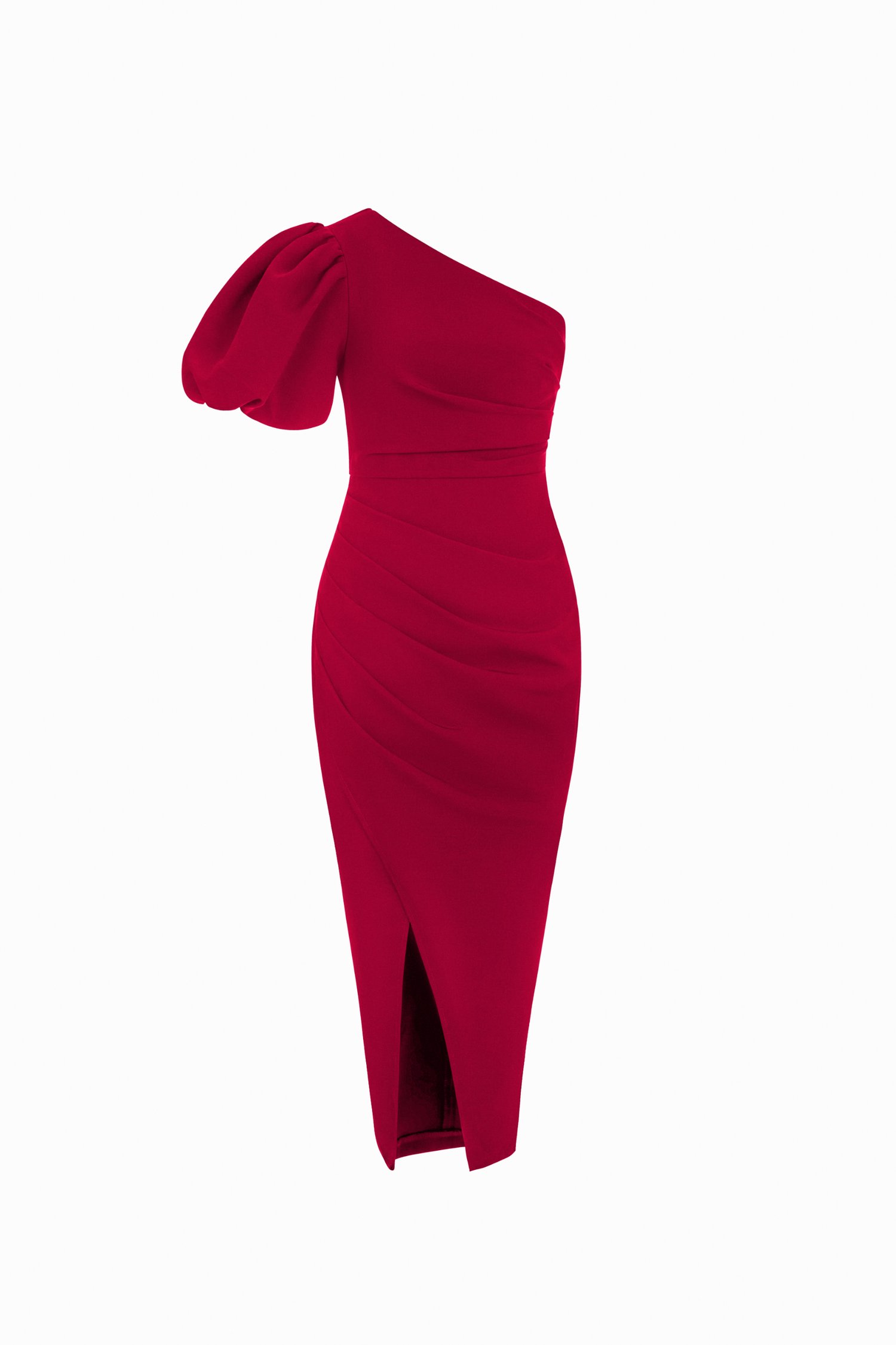 Joslyn Asymmetrical Puff Sleeves Pencil Dress in Ruby Red