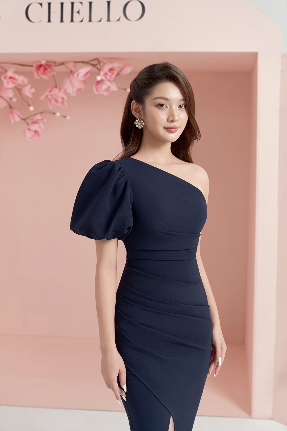 Joslyn Asymmetrical Puff Sleeves Pencil Dress in Navy Blue