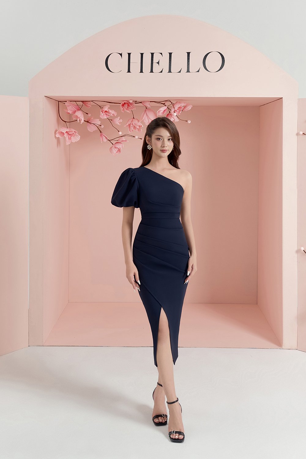 Joslyn Asymmetrical Puff Sleeves Pencil Dress in Navy Blue