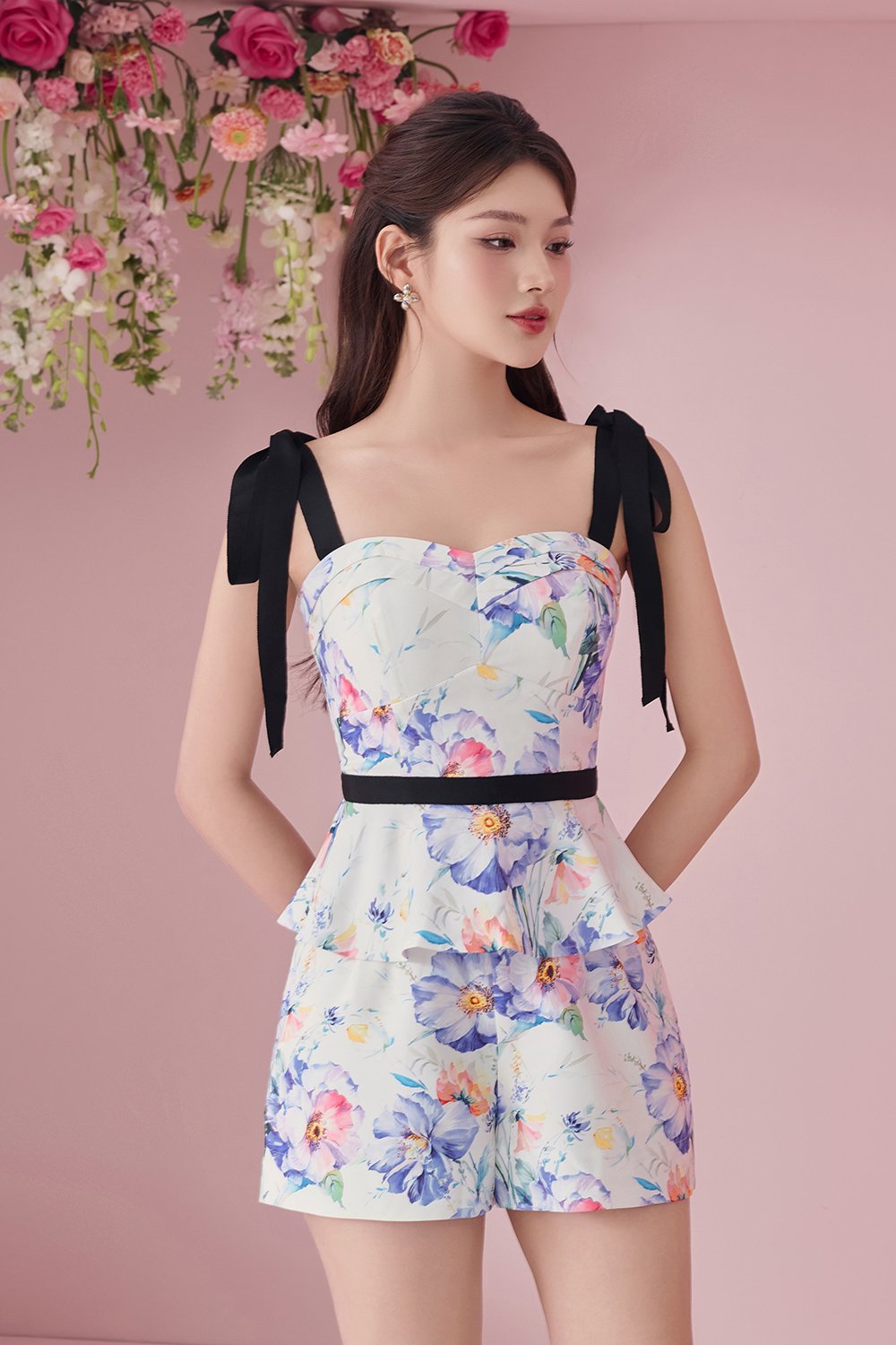 Kaelynn Peplum Top with Ribbon Straps in Blue Floral Painting