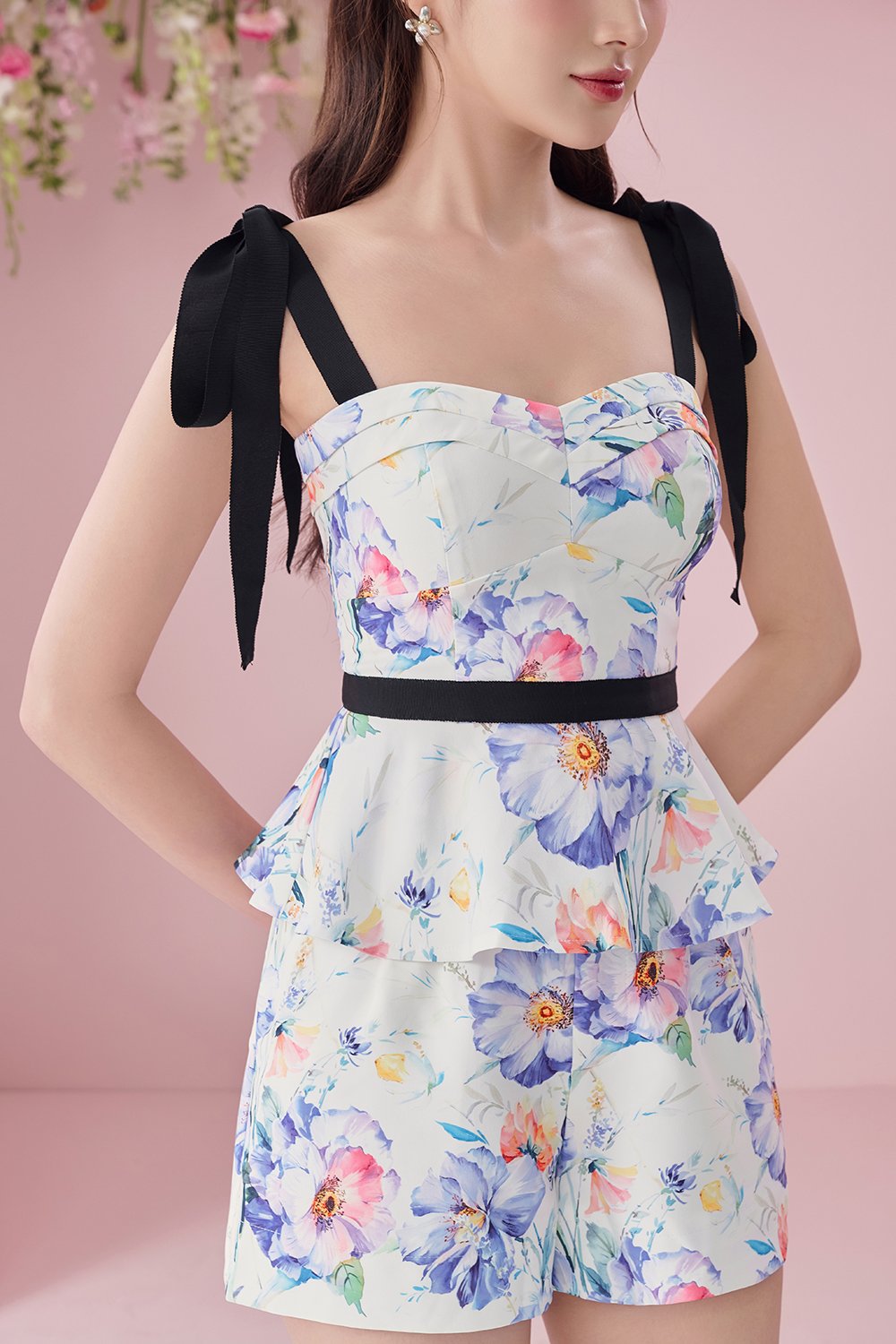 Kaelynn Peplum Top with Ribbon Straps in Blue Floral Painting