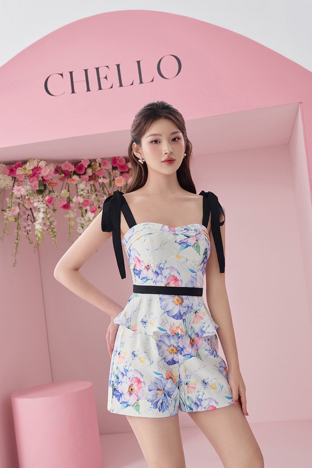 Kaelynn Peplum Top with Ribbon Straps in Blue Floral Painting