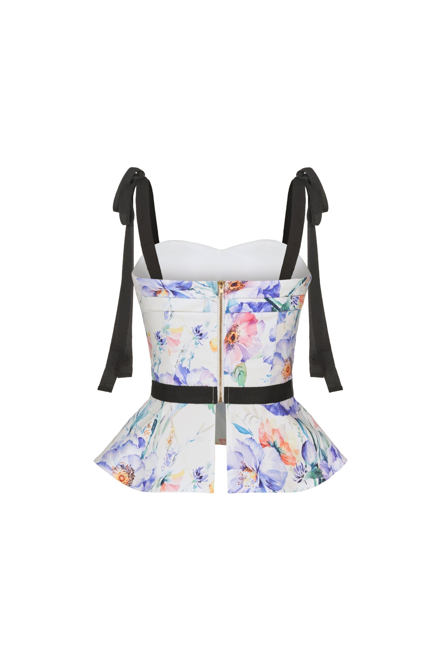Kaelynn Peplum Top with Ribbon Straps in Blue Floral Painting