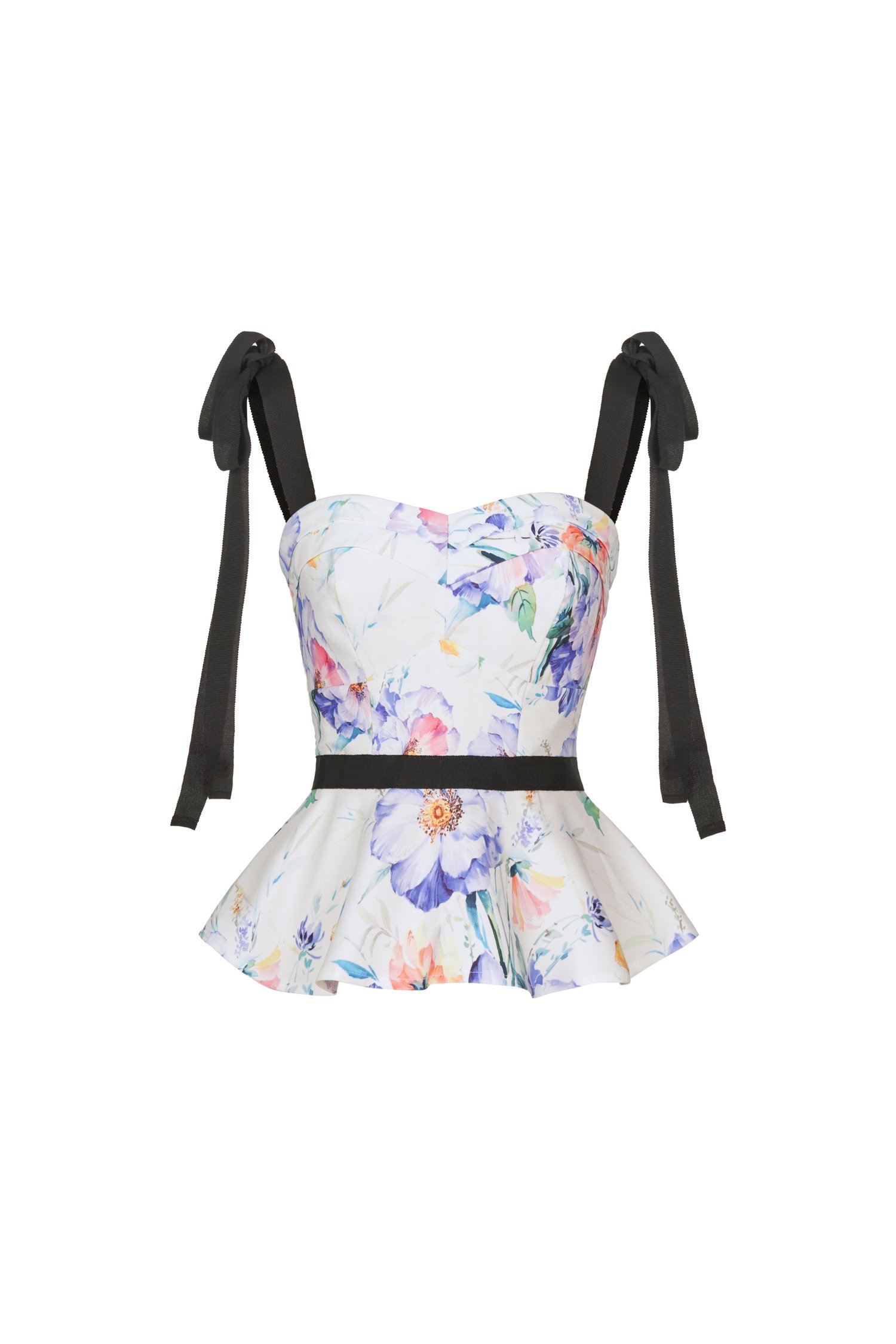 Kaelynn Peplum Top with Ribbon Straps in Blue Floral Painting