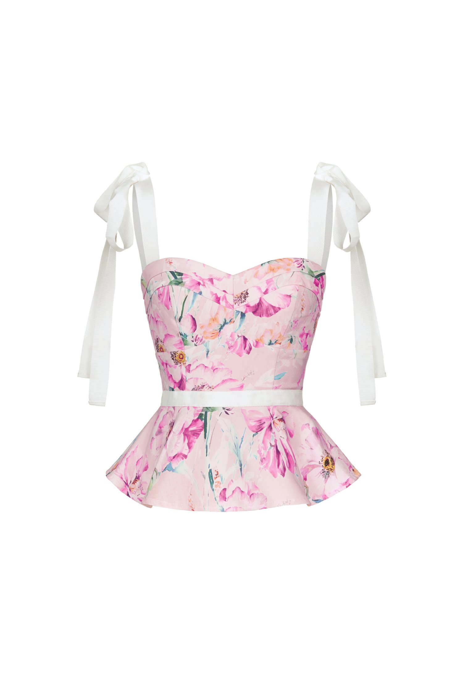 Kaelynn Peplum Top with Ribbon Straps in Pink Floral Painting