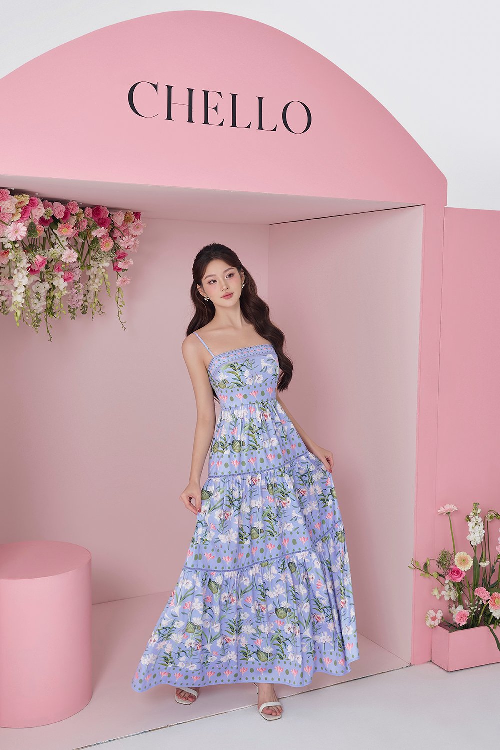 Kaia Tiered Printed Maxi Dress in Cornflower Blue Floral