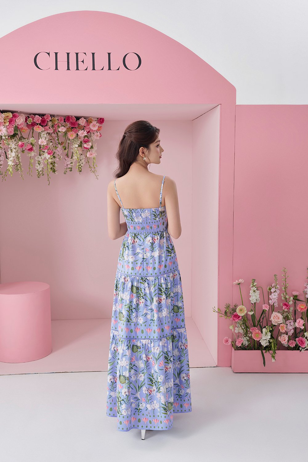 Kaia Tiered Printed Maxi Dress in Cornflower Blue Floral