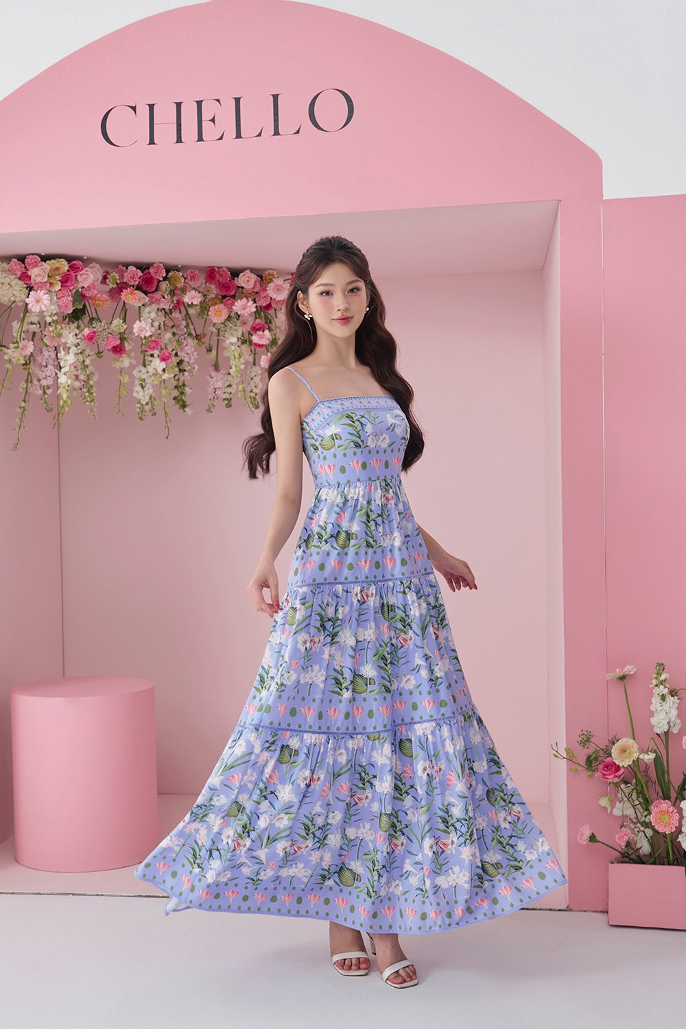 Kaia Tiered Printed Maxi Dress in Cornflower Blue Floral