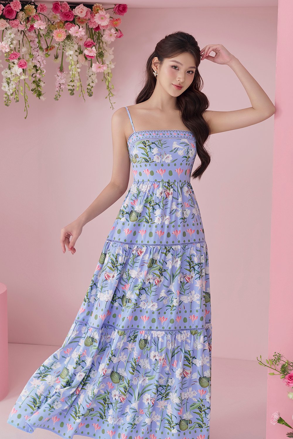 Kaia Tiered Printed Maxi Dress in Cornflower Blue Floral