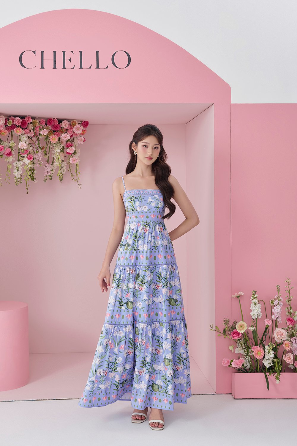 Kaia Tiered Printed Maxi Dress in Cornflower Blue Floral