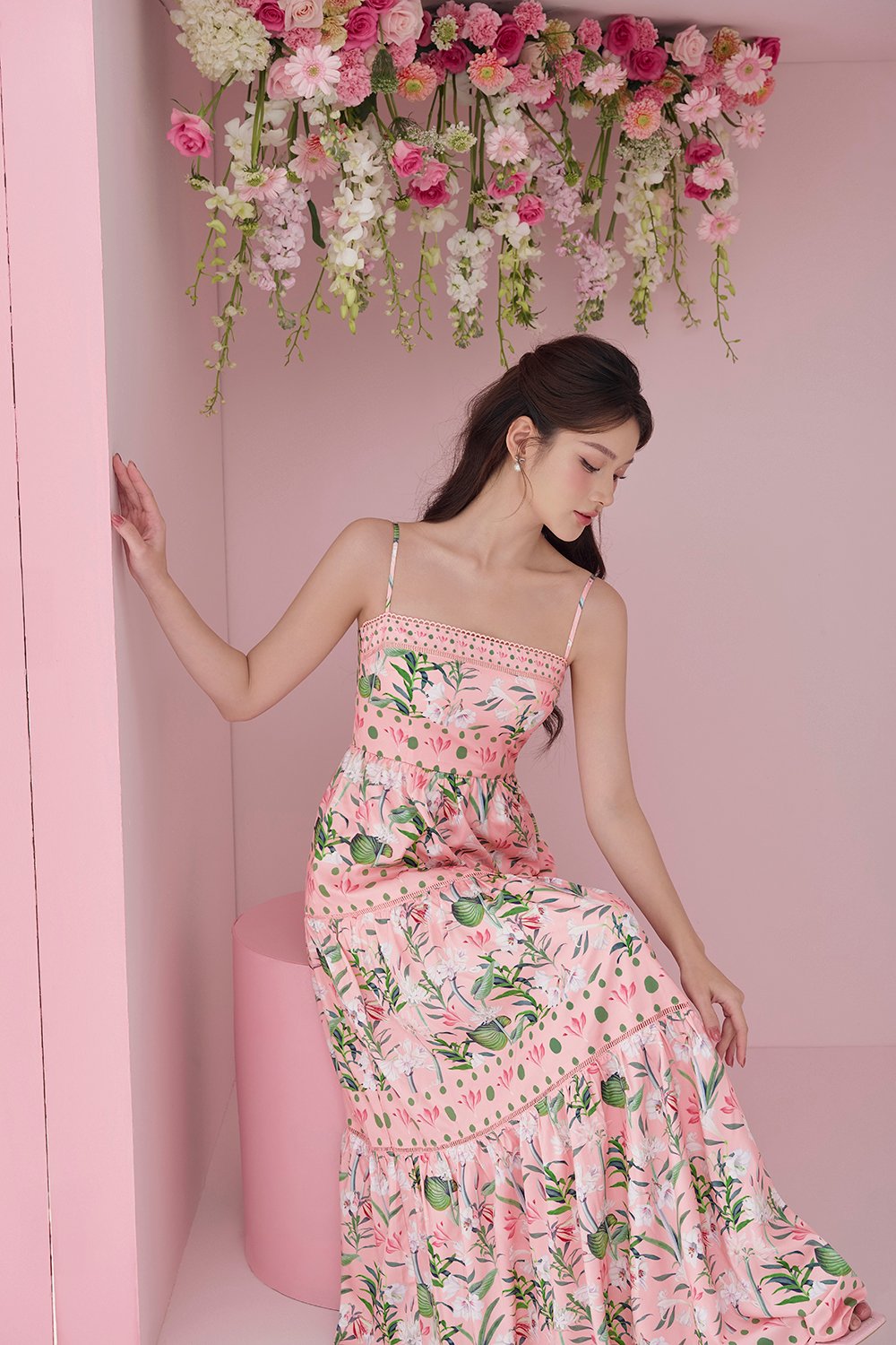 Kaia Tiered Printed Maxi Dress in Pastel Pink Floral