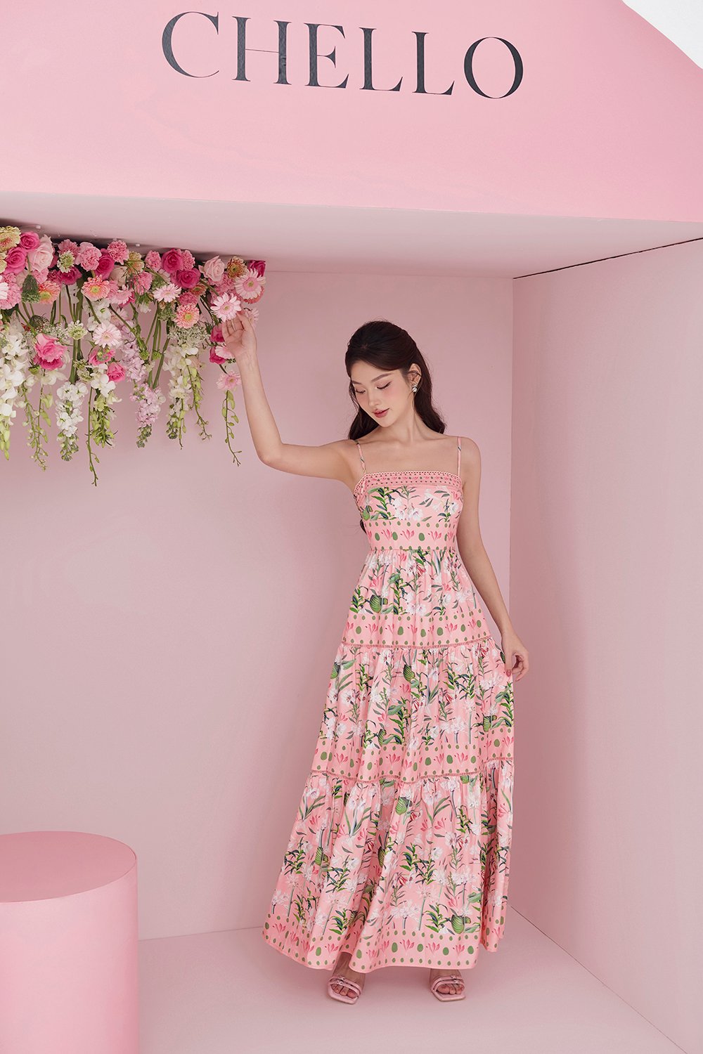 Kaia Tiered Printed Maxi Dress in Pastel Pink Floral