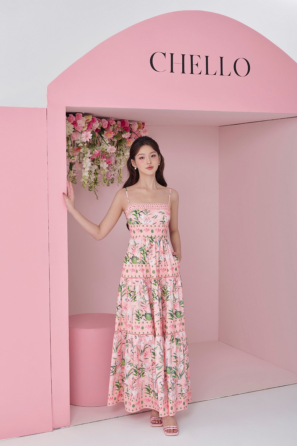 Kaia Tiered Printed Maxi Dress in Pastel Pink Floral