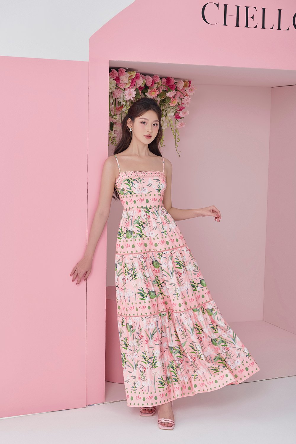 Kaia Tiered Printed Maxi Dress in Pastel Pink Floral