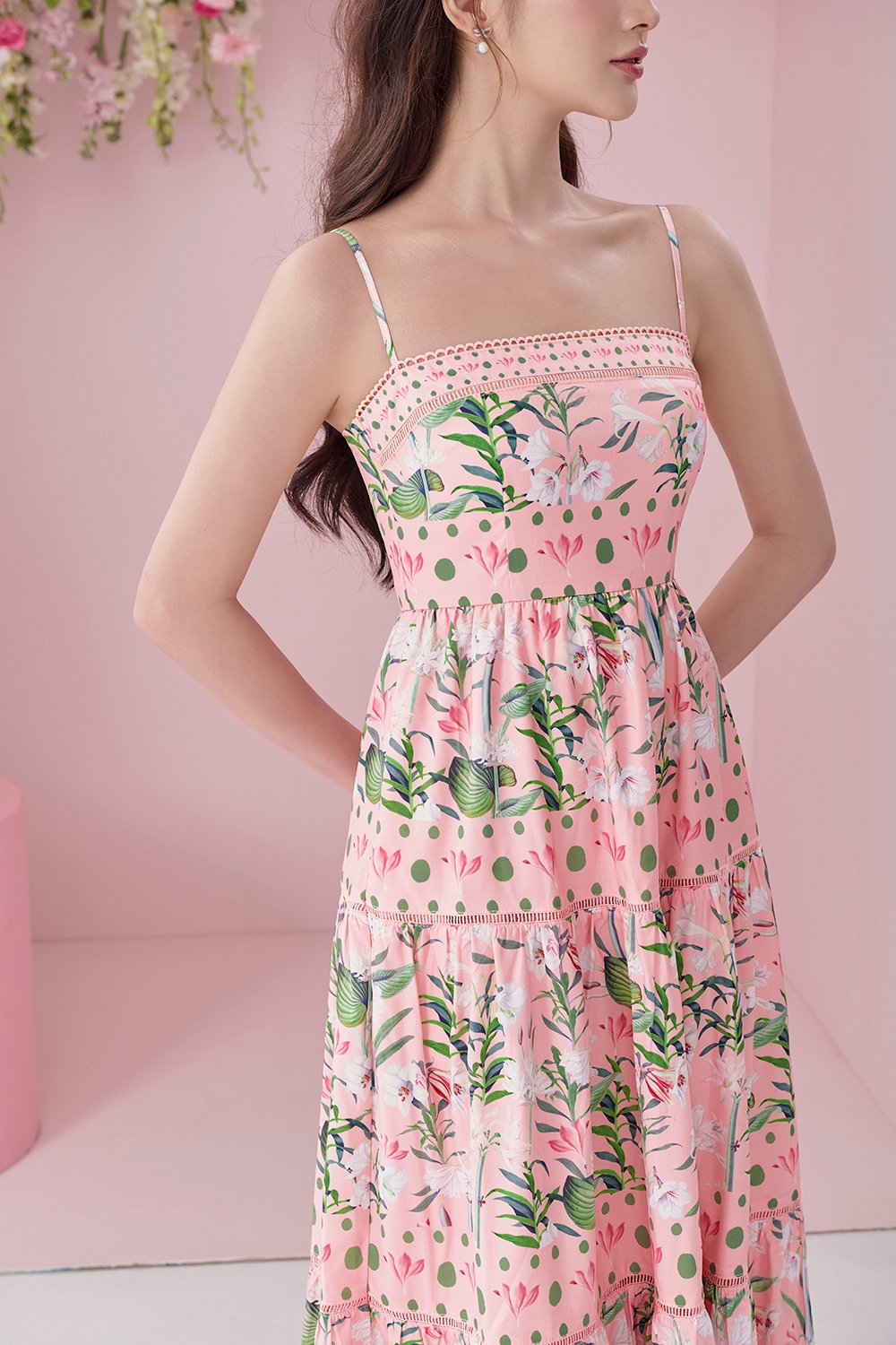 Kaia Tiered Printed Maxi Dress in Pastel Pink Floral