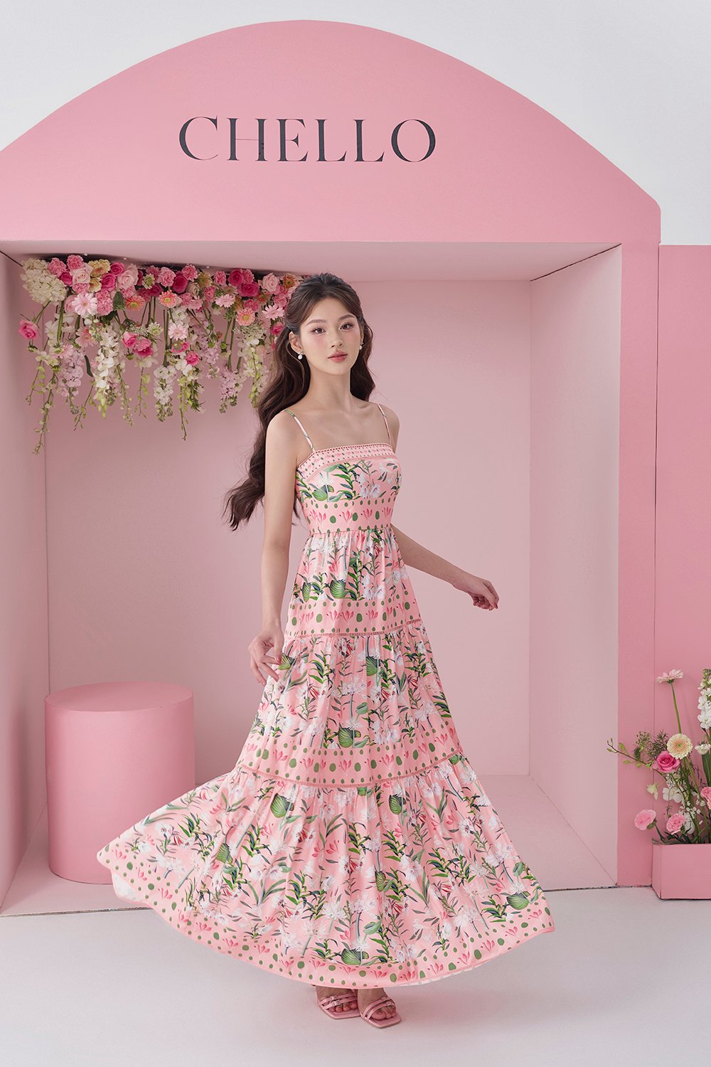 Kaia Tiered Printed Maxi Dress in Pastel Pink Floral