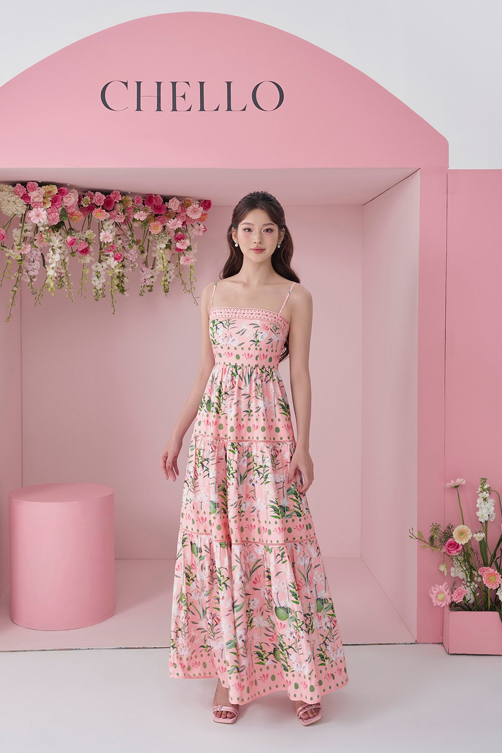 Kaia Tiered Printed Maxi Dress in Pastel Pink Floral